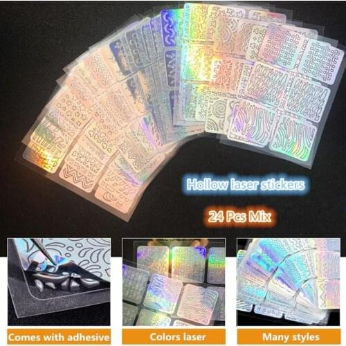 24 Sheets/set DIY Nail Art Hollow 3D Laser Sticker Stencil Gel Polish Nail Vinyl Tip Transfer Guide Template Nail Decals