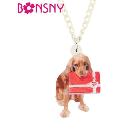 Bonsny Acrylic Christmas Golden Retriever Dog Gift Box Necklace Pendant Chain Animal Jewelry For Women Girl Teen Decoration Gift