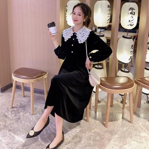 Pregnant Women Breastfeeding Dress Christmas New Year Gift Lace Peter Pan Collar Long Sleeve Velvet Nursing Lactation Dresses