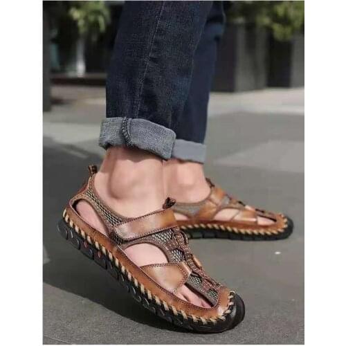 Mens Summer Sandals Leather Covered Mesh Hollow Breathable Velcro Large Size Casual Sandals Soft Soled Antiskid Beach Shoes