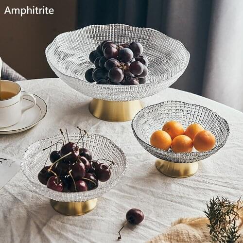 Home Decoration Modern Bowl Of Glass Fruit Plate Metal Bottom Snack Dessert Plate Living Room Decoration For Home Accessories