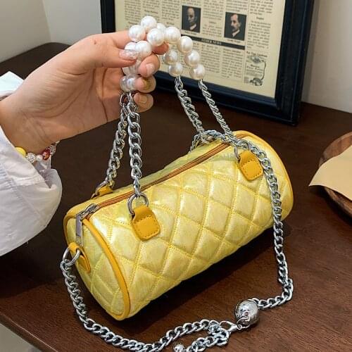 Crossbody Bags For Women 2021 New Luxury Colorful Shinny Handbag Lattice Shoulder Barrel-shaped Bag Fashion Designer Pearl Chain