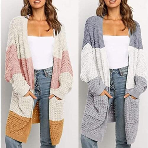 Women Autumn Batwing Long Sleeve Cardigan Chunky Knitted Open Front Sweater Coat Color Block Patchwork Oversized Slouchy Loose O