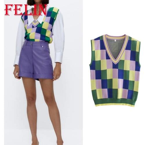 Za 2021 Women Chic Plaid Vintage Knitted Vest Sweaters V Neck Oversized Sleeveless Sweaters Elegant Mujer Tops