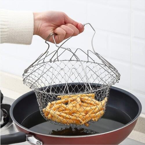 1PC stainless steel Foldable Steam Rinse Strain Fry Oil Fry Chef Basket Mesh Mesh Basket Strainer Net Kitchen Cooking Tool