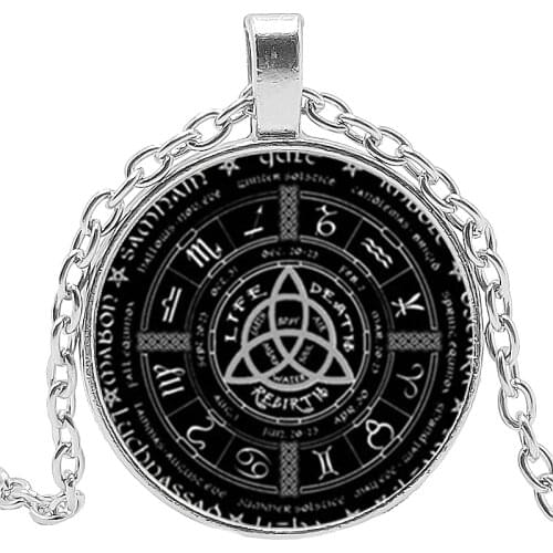 2019 New Photo Witch Jewelry Glass Round Necklace Pagan Wheel Necklace Pentagram Pendant Round Jewelry