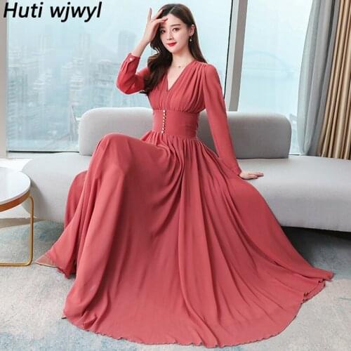 2021 Casual Chiffon Boho Beach Maxi Dress Autumn Winter Vintage Plus Size Black Dress Elegant Solid Women Bodycon Party Vestidos