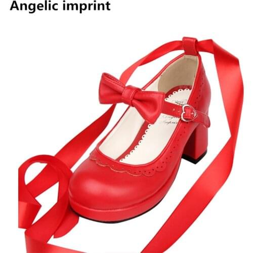 Angelic imprint woman mori girl lolita cosplay shoes lady high heels pumps women princess dress wedding party red shoes riband