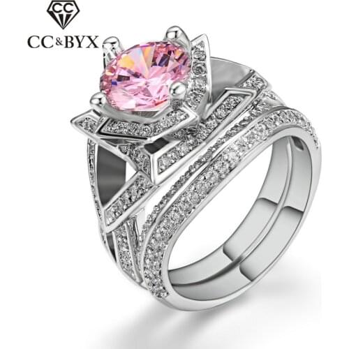 CC Jewelry Fashion Jewelry Rings For Women Double Round Pink Stone White Gold-Color Bridal Wedding Engagement Ring Bijoux CC1202