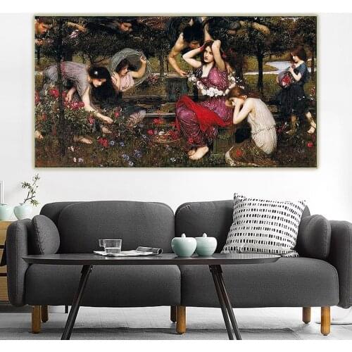 Citon William Waterhouse《Flora and the Zephyrs》Canvas Oil Painting Artwork Poster Picture Wall Decor Home Living room Decoration
