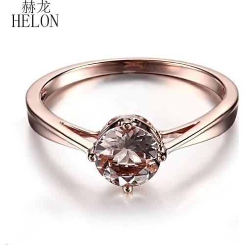 HELON Solid 14K Rose Gold AU585 Flawless Round 6mm Genuine Morganite Engagement Ring For Women Birthday Anniversarry Best Gift