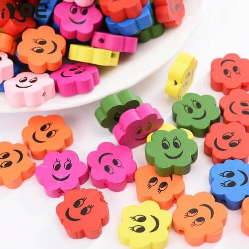IYOE 30pcs/Lot 18mm Flower Shape Smiley Face Beads Natural Wooden Spacer Beads For Jewelry Making Earring Necklace Bracelet