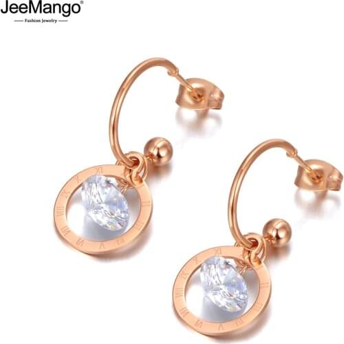JeeMango Rose Gold Stainless Steel Roman Numerals Party Earrings For Women Fashion CZ Crystal Vintage Earrings Jewelry JE20066