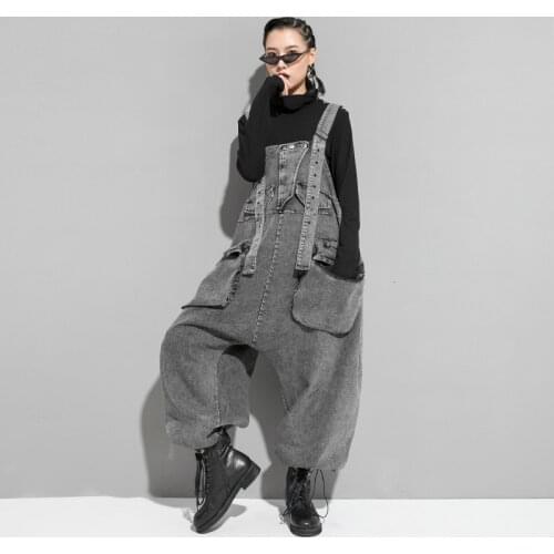Wide Leg Denim Jumpsuit Women Casual Drop Crotch Bib Jeans Large Size cowboy Rompers Baggy hip hop streetwear Boyfriend Overalls