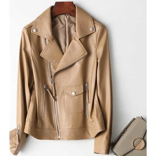 Ladies Genuine Leather Jacket Sheepskin Coat 100% Real Sheep Leather Jacket Women Motorcycle Black White Brown Female Outerwear