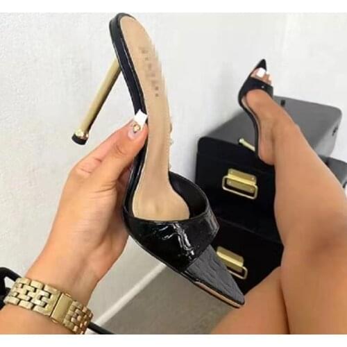 Summer Fashion Ladies Slippers Snake Pattern Strappy Muller High-Heeled Sandals Pointed Toe Stiletto Banquet Shoes Party Shoes