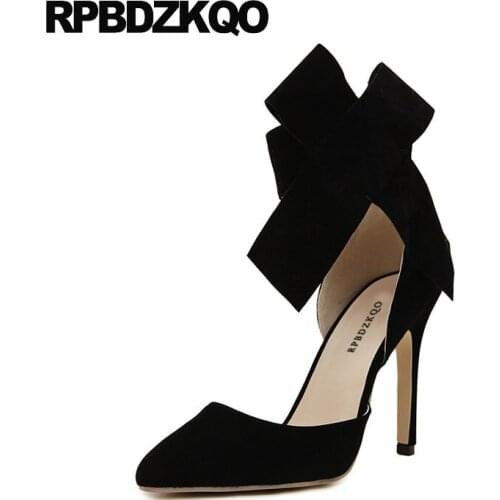 Cute ankle strap green high heels shoes plus size korean ladies scarpin bow pointed toe ultra extreme super red suede pumps