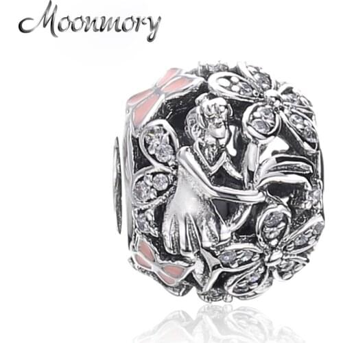 Moonmory 925 Sterling Silver 2020 Classic Pink Enamel Fairy Bloom Beads CZ Pave Womens Jewelry Making Fashion Charms Bracelet