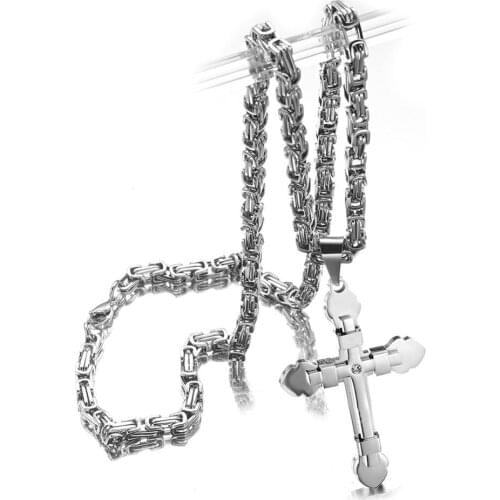 Mens Silver Color Cross Necklace Stainless Steel Byzantine Chain Catholic Crucifix Pendant Punk Jewelry Rock Ornaments Xmas Gift