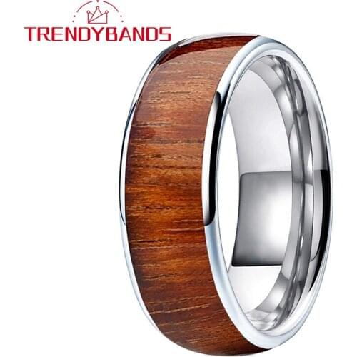 Tungsten Carbide Engagement Ring For Men Women Wedding Band 8MM Koa Wood Inlay Domed Polished Shiny Comfort Fit
