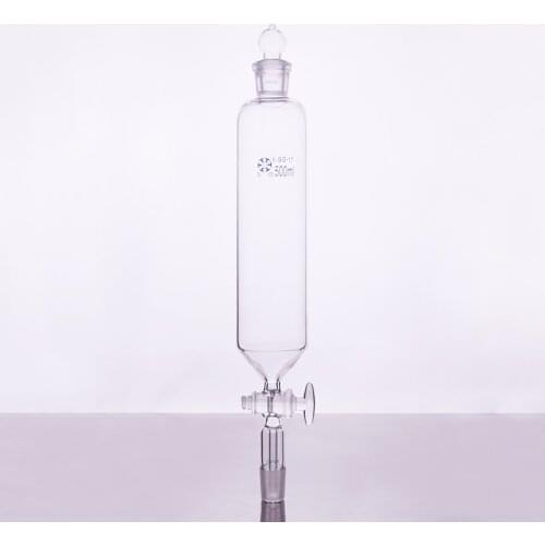 Separatory funnel cylindrical shape,standard ground mouth.Capacity 500ml,Joint 24/29+24/29,Glass switch valve,without tick mark