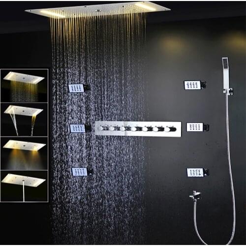 Bathroom Ceiling LED Shower Set 380x700mm Rainfall Waterfall shower head 6ways Thermostatic Shower Mixer With Massage Body Jets