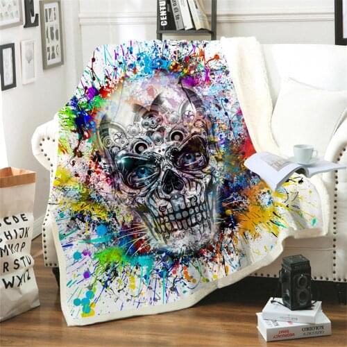 Stylish Colored Retro Skull Print Sherpa Throw Blankets 3D Comfortable Warm On Sofa Office Plush Blanket Bedroom Home Textile