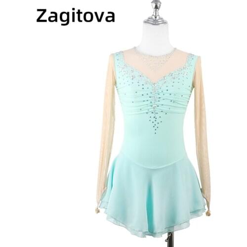 Light Blue Long sleeves Elegant Figure Skating Dress Professional Skating Performance Skirt For Woman Or Girl