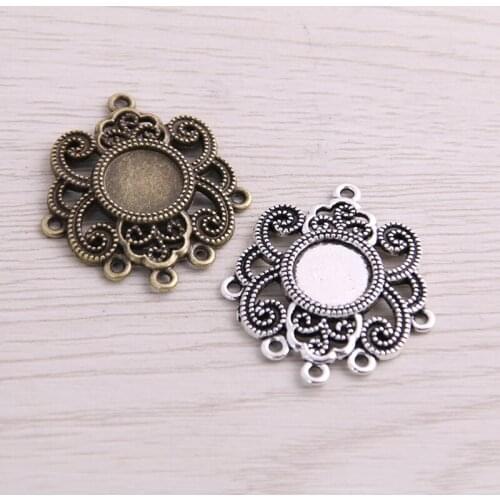 SWEET BELL 6pcs/lot 10mm Inner Size Two Color Fame Style Flowers Round Cabochon Connector + Glass Base Setting Charms Pendant