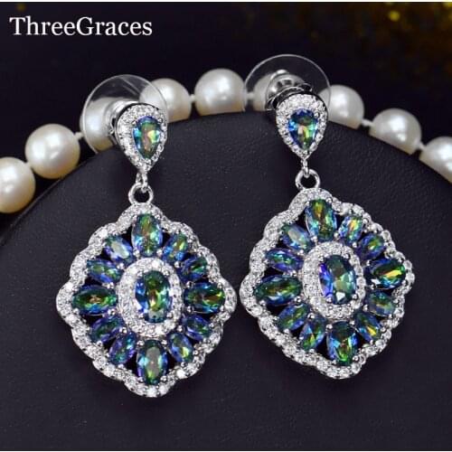ThreeGraces Gorgeous Cubic Zircon Crystal Inlay Sparkling Mystic Rainbow Light Blue Ladies Fashion Earrings Jewelry ER273