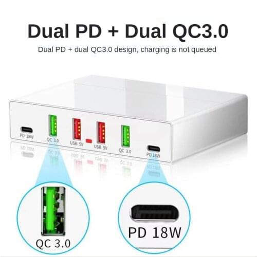 PD 6 Ports Fast Charging USB Charger 18W QC3.0 PD 3.0 Phone Charger Station Multi-port Quick Charger for iPhone Samsung Xiaomi