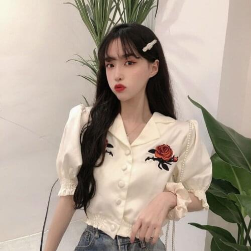 Sweet Elegant Shirt for Women 2021 Summer New Korean Style Puff Sleeve Loose Crop Top Fashion