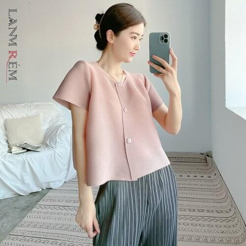 LANMREM Pleated Shirt Womens Small Short Sleeve Loose Casual Shirts Female Fashion Top 2021 Summer New Arrivals 2D6162