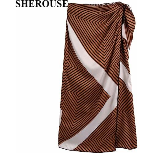 SHEROUSE Women Fashion Striped Side Slit Midi Skirt Vintage High-waist Bow Tie Casual Female Skirts