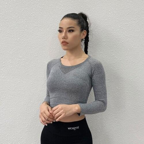 Women Sexy Crop Tops Gym Yoga Shirts Long Sleeve Workout Tops Running Sport T-Shirts Breathable Mesh Fitness Sportswear