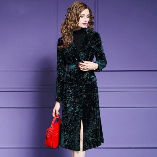 2020 New Women Velvet Trench Coat Fashion Single Breasted Chic Belt Outerwear Elegant Slim Fit OL Windbreaker Female Long Coats
