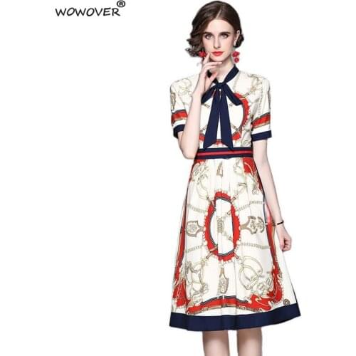 Elegant Runway Womens Bow Collar Hit Color Print Midi Vintage Dress Summer Female Clothing Short Sleeve Casual Aline Vestidos