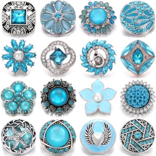 5pcs/lot Snap Jewelry 18mm Snap Buttons Light Blue Rhinestone Metal 18mm Flower Snap Buttons Fit Snap Button Bracelet Bangle