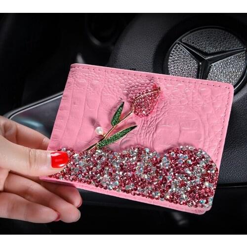 Diamond Driver License Cover Leather Card ID Holders Car Document Box Card Storage Bag Car Interior Accessories Women Decoration