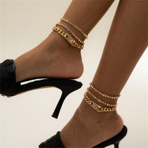 Luokey Vintage Boho Layered Metail Cuban Link Chain Ankle Bracelet For Women Wedding Crystal Lock Anklets Leg Foot Charm Jewelry