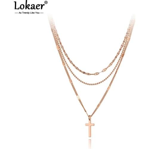 Lokaer Titanium Stainless Steel Three Layers Cross Charm Choker Necklaces For Women Fashion Bohemia Pendant Necklace N20249