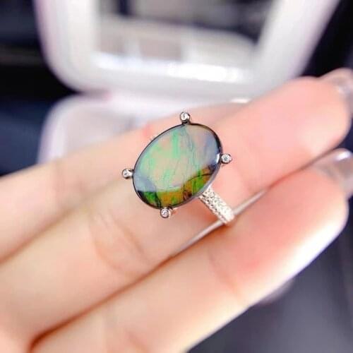 New Coming Luxury100% Natural and Real Ammolite Ring F 925 Sterling Silver Fine Gem Ammonite Ring