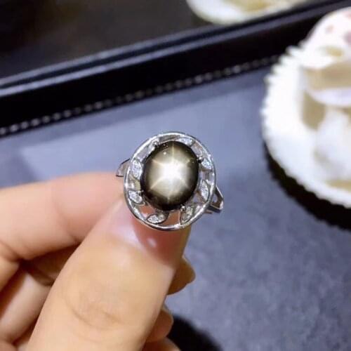 Fashion big round Sun flower Leaf Natural starlight Sapphire ring S925 silver natural gemstone ring girl party gift jewelry