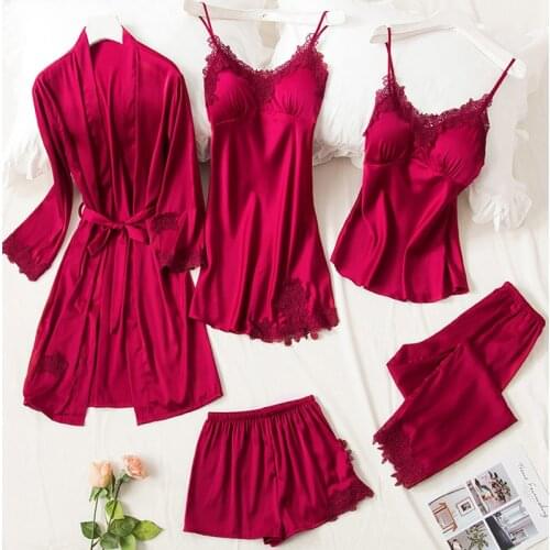 5 Piece Pajamas Set Sexy Lace Stain Red Women Pajamas Faux Silk Pyjamas Dressing Gown Lace Summer Robe Sleepwear With Chest Pads