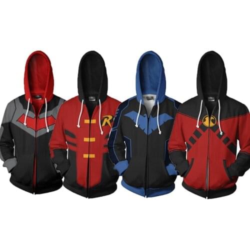 Costume Hoodie Sweatshirts Tops Men Mens Male Streetwear Sweatshirt Robin Costumes Clothes Zipper Hooded Long Sleeves Hat