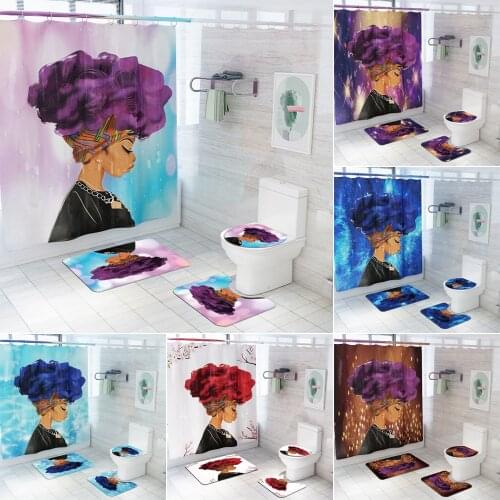 Beautiful African American Girl Durable Fabric Shower Curtain Bathroom Curtains Non-Slip Rugs Toilet Lid Cover Bath Mat Set