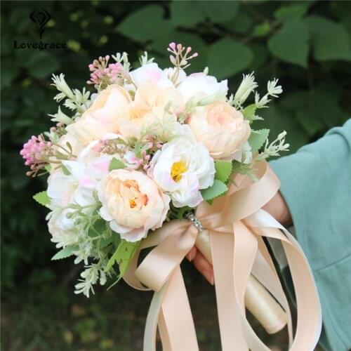 Lovegrace Wedding Flower Bouquet Artificial Silk Peony 18 Heads Champagne Bouquet Flower Bridal Bridesmaids Wedding Bouquets