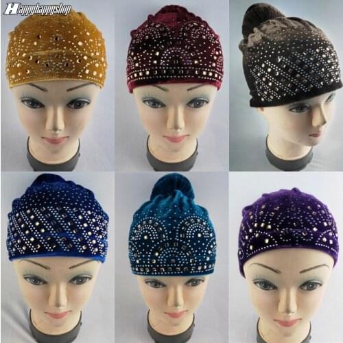 Fashion Muslim Women Velvet Turban Hat Bonnet Rhinestone Hair Care Headscarf Head Wraps Hats Girls Hair Accessories