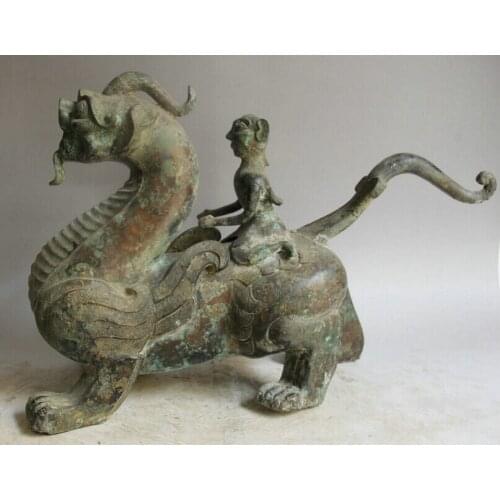 Song voge gem S1744 19" Old Chinese Bronze Folk man ride fly Unicorn Beast Pi Xiu Statue sculpture