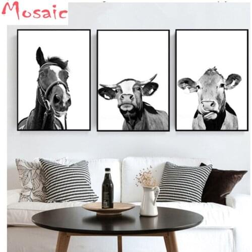 Full Square Diamond Embroidery Black and White cow/horse 5D DIY Diamond Painting Cross Stitch,Mosaic Pattern triptych home decor